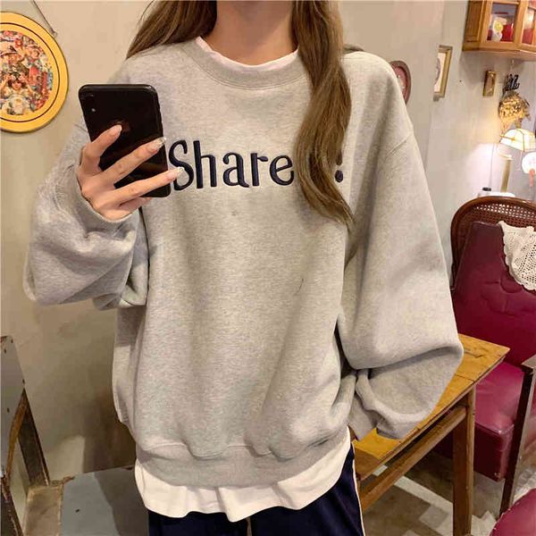 women's hoodies & sweatshirts fan sweet korean fashion fake two pieces sweatshirt pink gray female letter embroidered loose pullov, Black 
women's hoodies & sweatshirts fan sweet korean fashion fake two pieces sweatshirt pink gray female letter embroidered loose pullov, Black