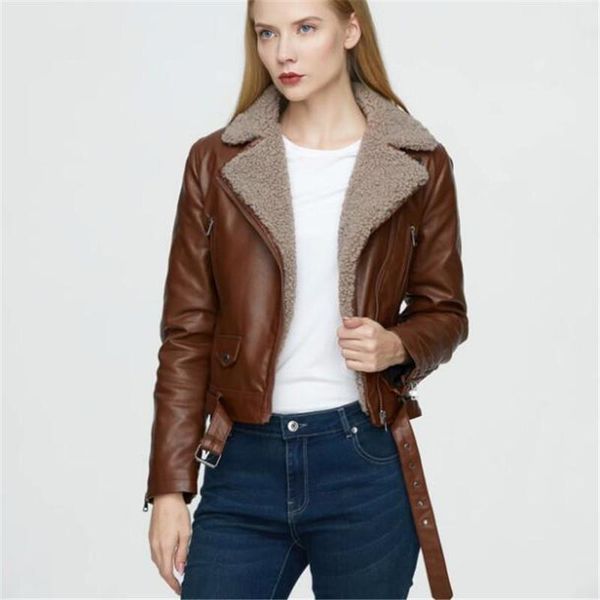 women's leather & faux 2021 warm winter jacket women coat imitation lamb lining pu motorcycle clothing, Black
women's leather & faux 2021 warm winter jacket women coat imitation lamb lining pu motorcycle clothing, Black
