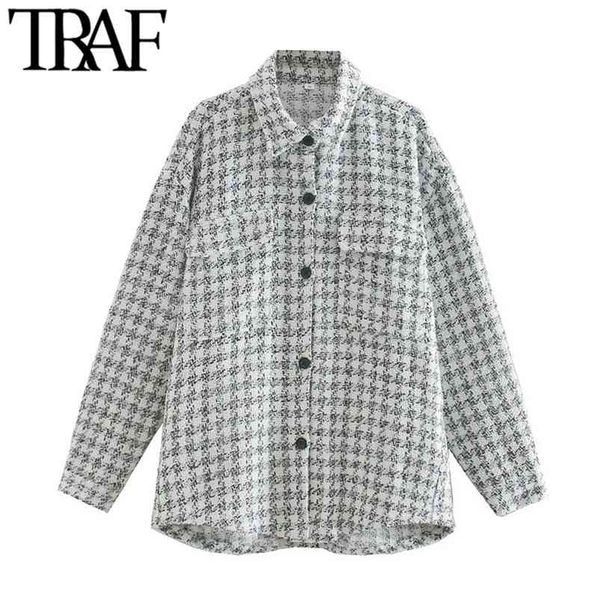 women fashion oversized tweed plaid jacket coat vintage long sleeve pockets female outerwear chic 210507, Black;brown
women fashion oversized tweed plaid jacket coat vintage long sleeve pockets female outerwear chic 210507, Black;brown