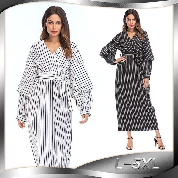 casual dresses abaya kimono cardigan striped muslim dress with belt plus size kaftan maxi v-neck long womens clothing, Black;gray 
casual dresses abaya kimono cardigan striped muslim dress with belt plus size kaftan maxi v-neck long womens clothing, Black;gray
