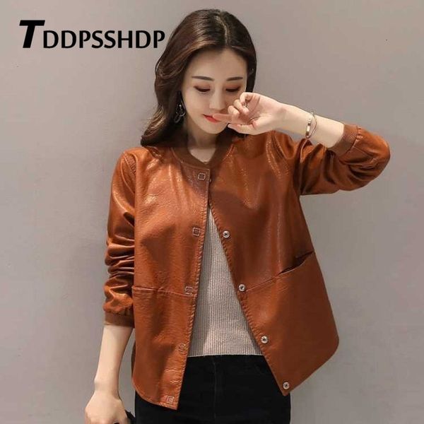 short spring new loose pu leather jacket black red caramel brown color female coat 201124 
short spring new loose pu leather jacket black red caramel brown color female coat 201124