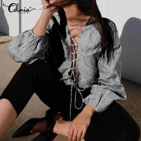 women's blouses & shirts blouses s-5xl celmia spring vintage striped women lace up v-neck casual long sleeve loose blusas femi 56gt, White
women's blouses & shirts blouses s-5xl celmia spring vintage striped women lace up v-neck casual long sleeve loose blusas femi 56gt, White