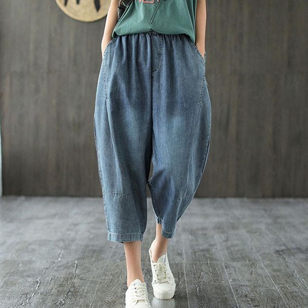 women's jeans johnature 2021 summer leisure pockets elastic waist denim harem pants simple comfortable all-match women calf-length, Blue
women's jeans johnature 2021 summer leisure pockets elastic waist denim harem pants simple comfortable all-match women calf-length, Blue