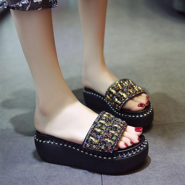 slippers rome open toe crystal outside women platform wedges slides high summer shoes metal decoration mixed colors, Black
slippers rome open toe crystal outside women platform wedges slides high summer shoes metal decoration mixed colors, Black