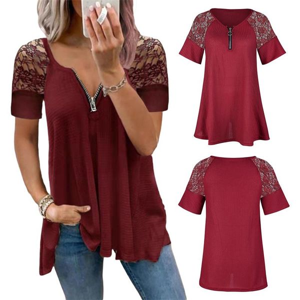 women's t-shirt ladies floral embroidery irregular hem short lace sleeve v-neck pullover women loose fit with zipper for dailywear, White
women's t-shirt ladies floral embroidery irregular hem short lace sleeve v-neck pullover women loose fit with zipper for dailywear, White
