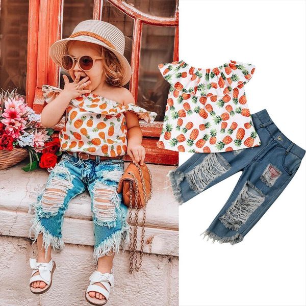 summer toddler kids baby girl pineapple print denim long ripped pants outfits novelty set clothes, White 
summer toddler kids baby girl pineapple print denim long ripped pants outfits novelty set clothes, White