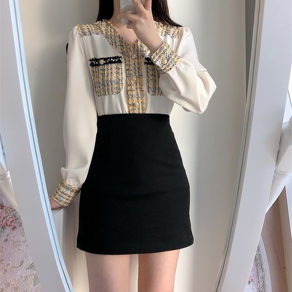 2021 new fashion spring autumn vintage korean women blouses shirts tweed splicing long sleeve chiffon shirt female casual chic, White
2021 new fashion spring autumn vintage korean women blouses shirts tweed splicing long sleeve chiffon shirt female casual chic, White