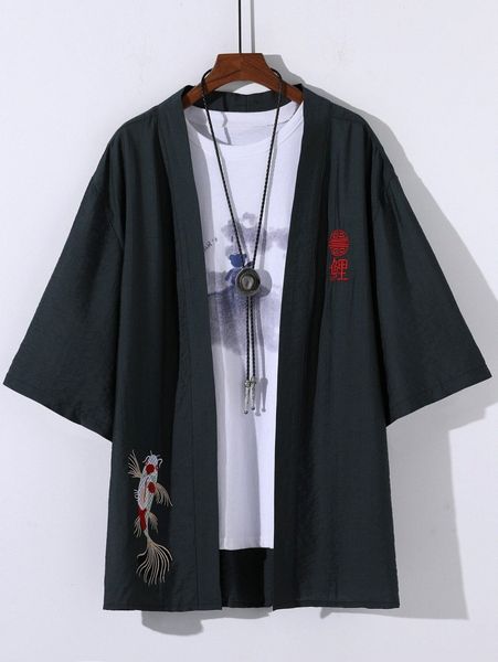 men chinese letter & fish embroidery drop shoulder open front shirt without tee 04we#, White;black
men chinese letter & fish embroidery drop shoulder open front shirt without tee 04we#, White;black