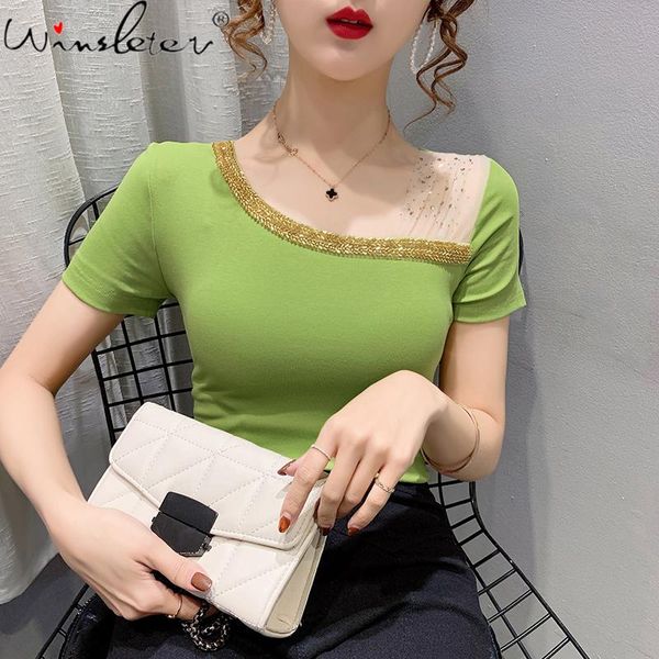 women's t-shirt spring summer korean style cotton fashion skew collar shiny diamonds mesh women short sleeve tees 2021 t12922a, White
women's t-shirt spring summer korean style cotton fashion skew collar shiny diamonds mesh women short sleeve tees 2021 t12922a, White