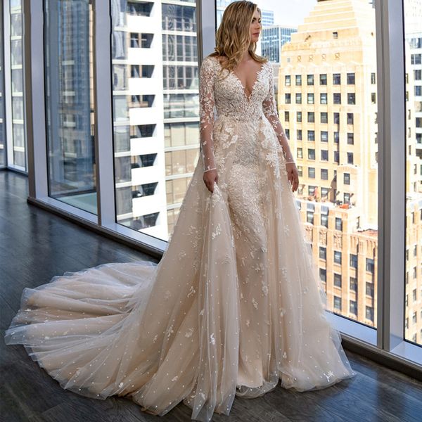 deep v neck long sleeves lace mermaid wedding dresses with detachable train appliqued tulle bridal gowns vestidos de novia, White
deep v neck long sleeves lace mermaid wedding dresses with detachable train appliqued tulle bridal gowns vestidos de novia, White