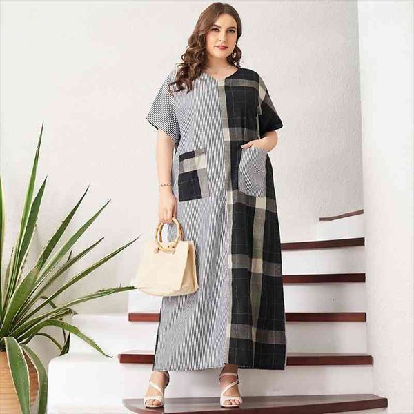 summer women dress plus size gray commuter plaid striped stitching patchwork pockets short sleeve loose long large maxi robe, Black;gray
summer women dress plus size gray commuter plaid striped stitching patchwork pockets short sleeve loose long large maxi robe, Black;gray