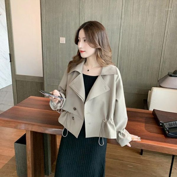 women's trench coats preppy style short coat female 2021korean spring and autumn loose drawstring bell sleeve fashion for women, Tan;black
women's trench coats preppy style short coat female 2021korean spring and autumn loose drawstring bell sleeve fashion for women, Tan;black