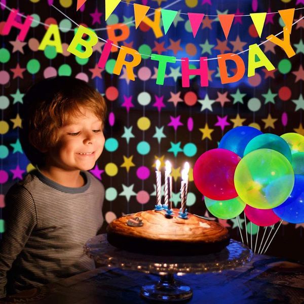 party decoration neon birthday supplies, happy banner dots star garlands, triangle flags bunting, balloons for glow
party decoration neon birthday supplies, happy banner dots star garlands, triangle flags bunting, balloons for glow