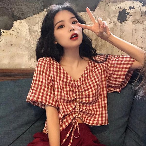 women's blouses & shirts women summer plaid chiffon short sleeve drawstring pleated crop french vintage korean sweet cute elagant shirt, White
women's blouses & shirts women summer plaid chiffon short sleeve drawstring pleated crop french vintage korean sweet cute elagant shirt, White