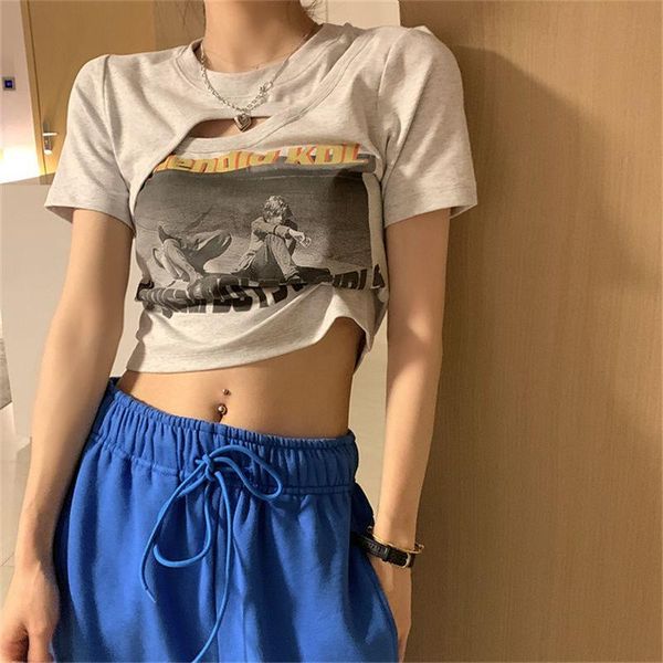 women's t-shirt short sleeve irregular design sense slim exposed navel chic summer, White
women's t-shirt short sleeve irregular design sense slim exposed navel chic summer, White