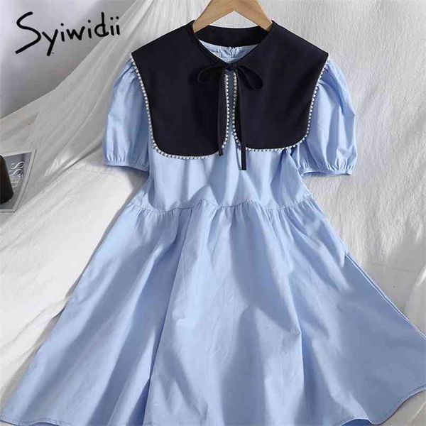fashion dress for women puff sleeve o-neck a-line solid blue shirts dresses with bow lace up shawl summer korean 210607, Black;gray
fashion dress for women puff sleeve o-neck a-line solid blue shirts dresses with bow lace up shawl summer korean 210607, Black;gray