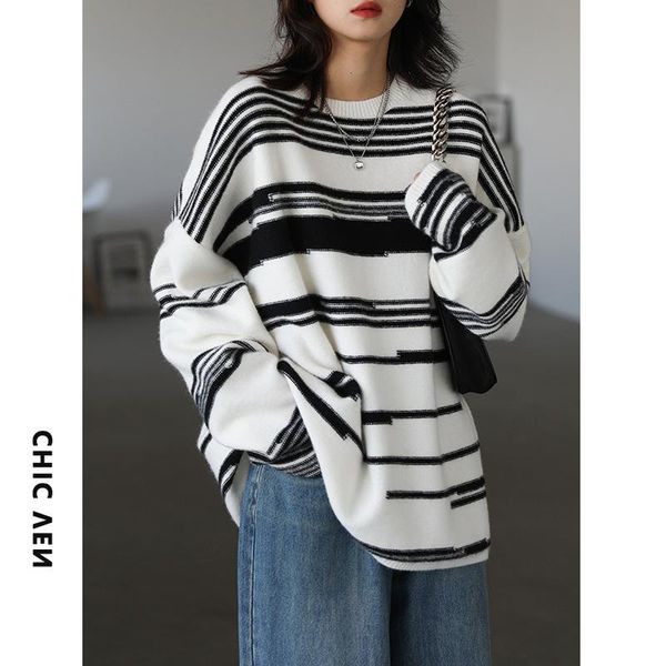 women's sweaters street casual loose irregular striped sweater autumn and winter traf women clothes set, White;black
women's sweaters street casual loose irregular striped sweater autumn and winter traf women clothes set, White;black