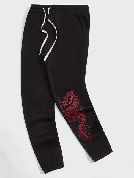 men dragon print tie waist sweatpants 11pp#, Black