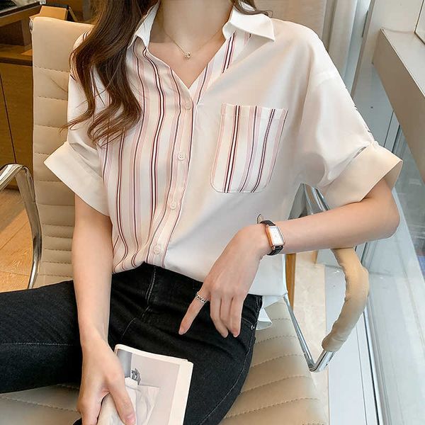 korean woman shirt summer striped spliced pockets v-neck female s trend blouse women and s 210604, White 
korean woman shirt summer striped spliced pockets v-neck female s trend blouse women and s 210604, White
