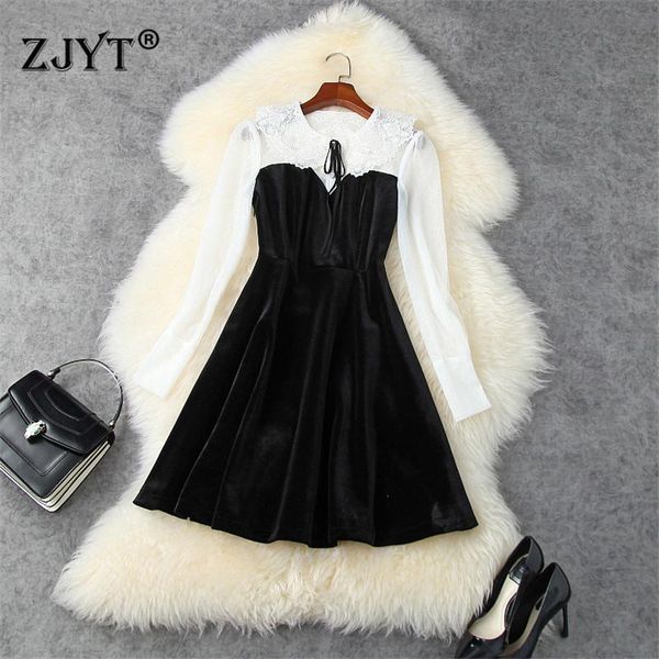 fashion autumn runway designers women long sleeve beading white lace patchwork black velvet dress party vestidos casual dresses, Black;gray
fashion autumn runway designers women long sleeve beading white lace patchwork black velvet dress party vestidos casual dresses, Black;gray