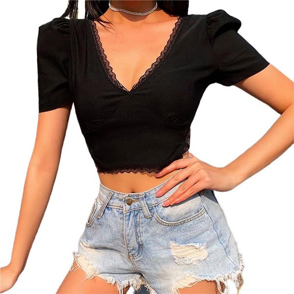 ladies summer midriff-baring girls fashion lace splicing puff short sleeve v-neck backless base shirt for dating women's t-shirt, White
ladies summer midriff-baring girls fashion lace splicing puff short sleeve v-neck backless base shirt for dating women's t-shirt, White