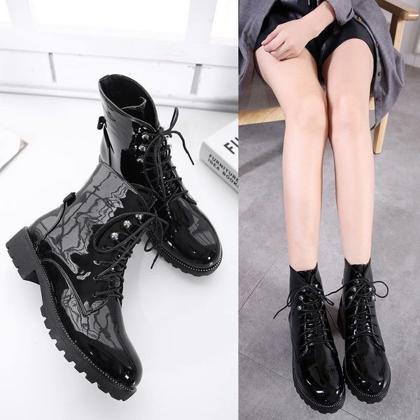 boots flat bottom patent leather short 2021 casual lace up thick heel women's water drill shoes, Black
boots flat bottom patent leather short 2021 casual lace up thick heel women's water drill shoes, Black