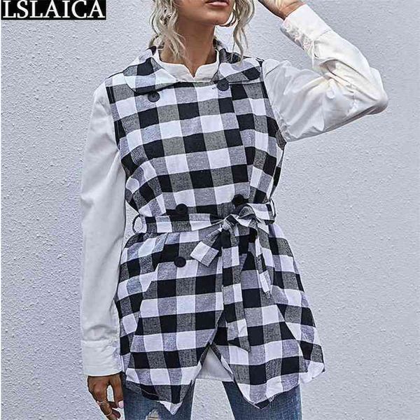 sleeveless jacket women plaid turn-down collar long coats casual autumn clothes office lady irregular high waist sashes 210515, Black;brown
sleeveless jacket women plaid turn-down collar long coats casual autumn clothes office lady irregular high waist sashes 210515, Black;brown