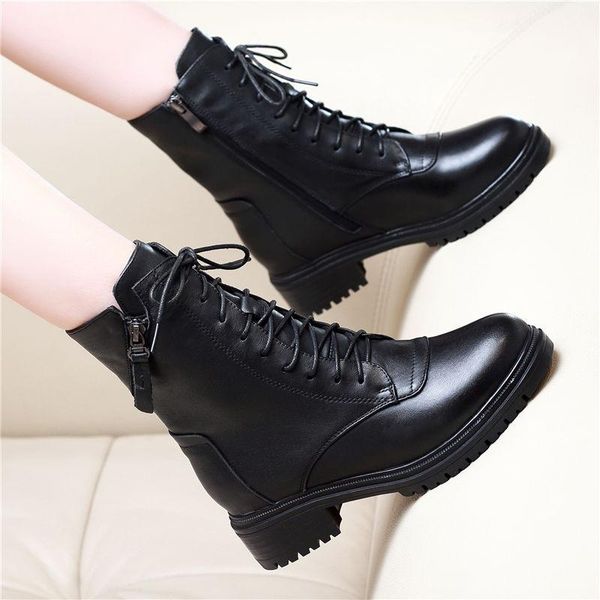 boots women casual shoes punk motorcycle autumn winter cowboy boot warm plush natural leather botas de mujer ankle botines femme, Black