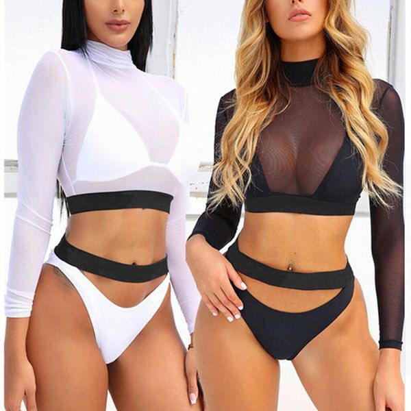 women's swimwear women long sleeve bikini cover-ups set bathing suit high waisted perspective swimsuit mesh lace sheer transparent, White;black
women's swimwear women long sleeve bikini cover-ups set bathing suit high waisted perspective swimsuit mesh lace sheer transparent, White;black