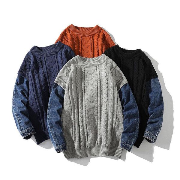 men's sweaters knitted jacquard pullover autumn winter stitching denim men retro loose thick o-neck long sleeve trend male clothes, White;black
men's sweaters knitted jacquard pullover autumn winter stitching denim men retro loose thick o-neck long sleeve trend male clothes, White;black