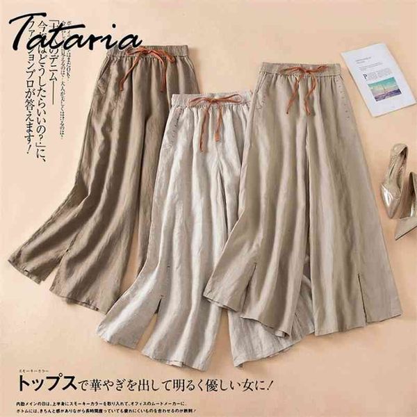 split hem pants for women vintage wide leg elastic waist loose cotton linen summer straight calf-length trousers 210514, Black;white
split hem pants for women vintage wide leg elastic waist loose cotton linen summer straight calf-length trousers 210514, Black;white
