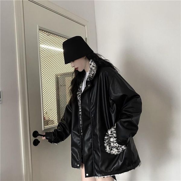 women's wool & blends fried street leather jacket autumn/winter locomotive suit leopard print both sides wearing plush thick cotton y2k, Black
women's wool & blends fried street leather jacket autumn/winter locomotive suit leopard print both sides wearing plush thick cotton y2k, Black