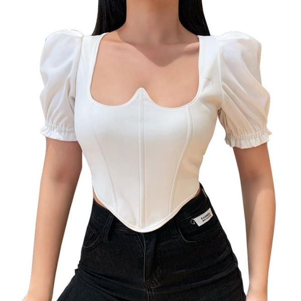 women's t-shirt bustier crop elegant short puff sleeve solid color slim fit t-shirts, White
women's t-shirt bustier crop elegant short puff sleeve solid color slim fit t-shirts, White