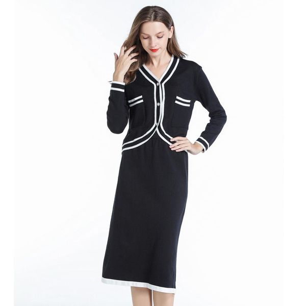 two piece dress fashion long-sleeved knitting cardigan stripe splicing long sleeve sweater skirt two-piece clothing set knitwear black, White
two piece dress fashion long-sleeved knitting cardigan stripe splicing long sleeve sweater skirt two-piece clothing set knitwear black, White