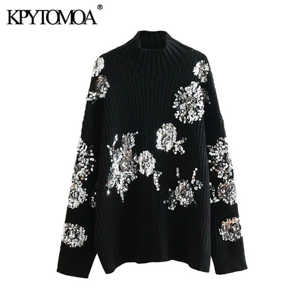 women fashion beading sequins loose knitted sweaters vintage high collar long sleeve female pullovers chic 210416, White;black
women fashion beading sequins loose knitted sweaters vintage high collar long sleeve female pullovers chic 210416, White;black