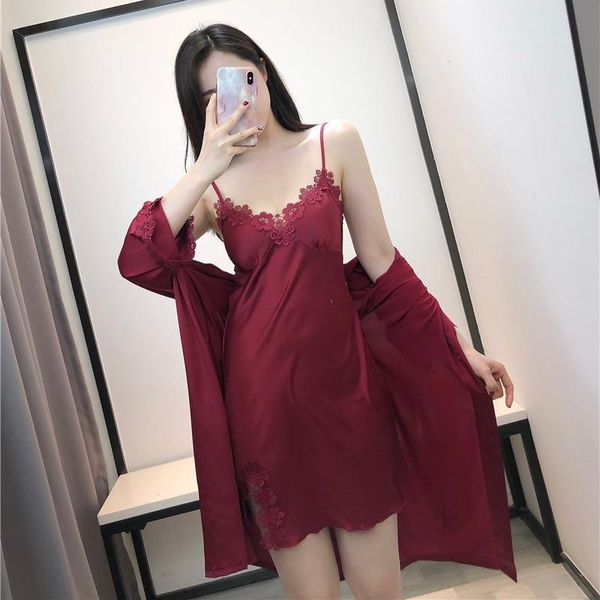 women's sleepwear lace satin sleep lounge pijama nightwear bathrobe night dress spring summer women robe & gown sets with chest pads, Black;red
women's sleepwear lace satin sleep lounge pijama nightwear bathrobe night dress spring summer women robe & gown sets with chest pads, Black;red