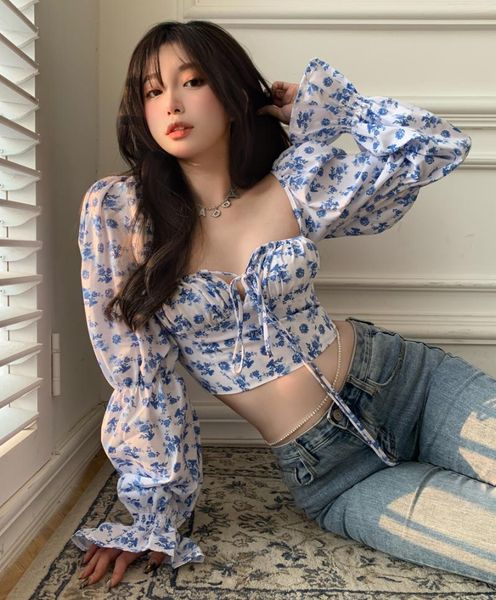 women's blouses & shirts short fashion korean chic crop square neck flare sleeve women lace up floral spring blusas mujer, White
women's blouses & shirts short fashion korean chic crop square neck flare sleeve women lace up floral spring blusas mujer, White