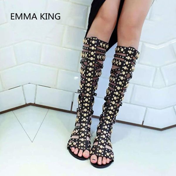 rivet studs gold women knee high gladiator sandals boots open toe ladies summer flats black fashion female punk shoes
rivet studs gold women knee high gladiator sandals boots open toe ladies summer flats black fashion female punk shoes