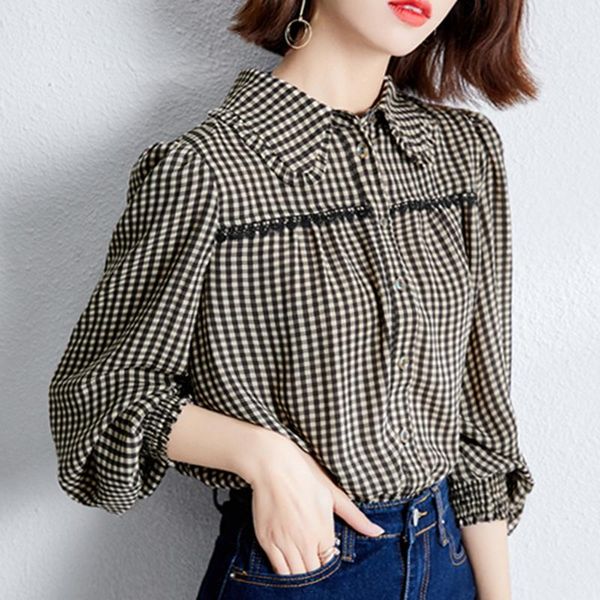 women's blouses & shirts plaid shirt women spring autumn long lantern sleeve lace chiffon blouse ladies casual vintage female, White
women's blouses & shirts plaid shirt women spring autumn long lantern sleeve lace chiffon blouse ladies casual vintage female, White