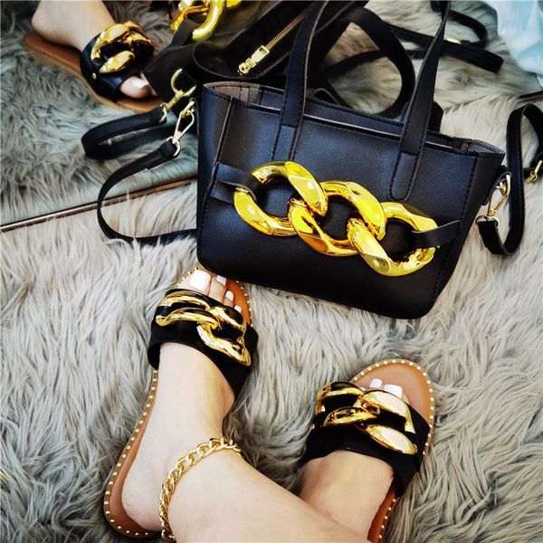 slippers summer women's big chain ladies luxury sandals casual flat slides female messenger bags fashion handbag set, Black
slippers summer women's big chain ladies luxury sandals casual flat slides female messenger bags fashion handbag set, Black