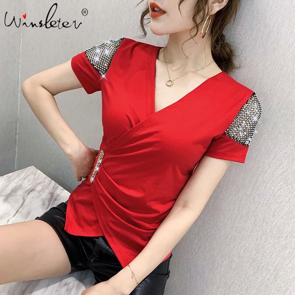 women's t-shirt summer korean clothes t-shirt v-neck diamonds patchwork hollow out women ropa mujer irregularity tees t0, White
women's t-shirt summer korean clothes t-shirt v-neck diamonds patchwork hollow out women ropa mujer irregularity tees t0, White