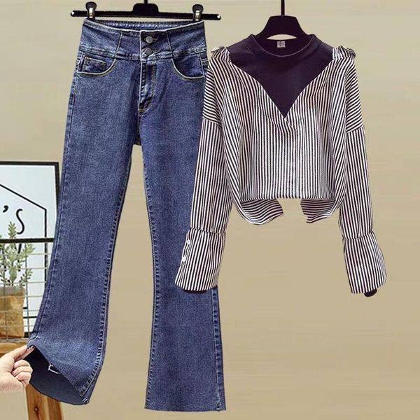 women's two piece pants women 2021 early spring suits female striped patchwork pullover shirts ladies high waist flare sets p214, White
women's two piece pants women 2021 early spring suits female striped patchwork pullover shirts ladies high waist flare sets p214, White