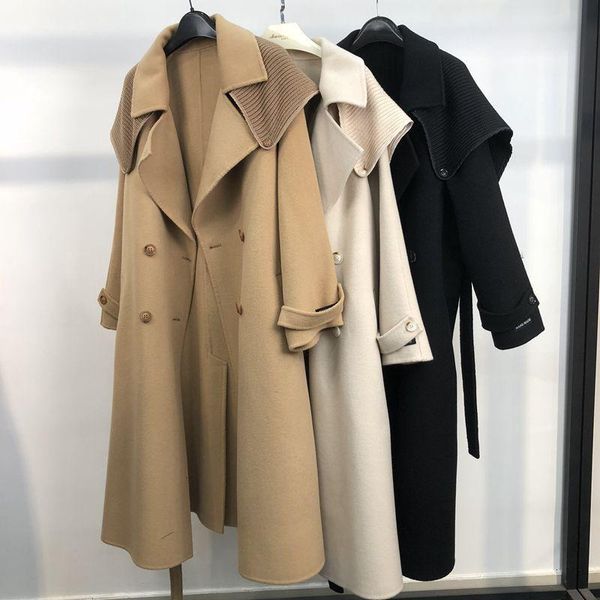 women's wool & blends spot hepburn camel overcoat mid autumn and winter long loose lapel temperament woolen sweater, Black
women's wool & blends spot hepburn camel overcoat mid autumn and winter long loose lapel temperament woolen sweater, Black