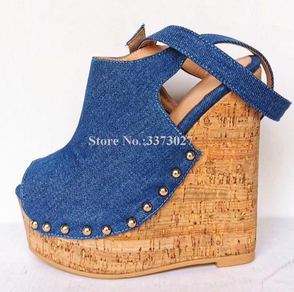 design denim platform wedge sandals women peep toe ankle strap rivets gladiator lady real pos jeans, Black
design denim platform wedge sandals women peep toe ankle strap rivets gladiator lady real pos jeans, Black