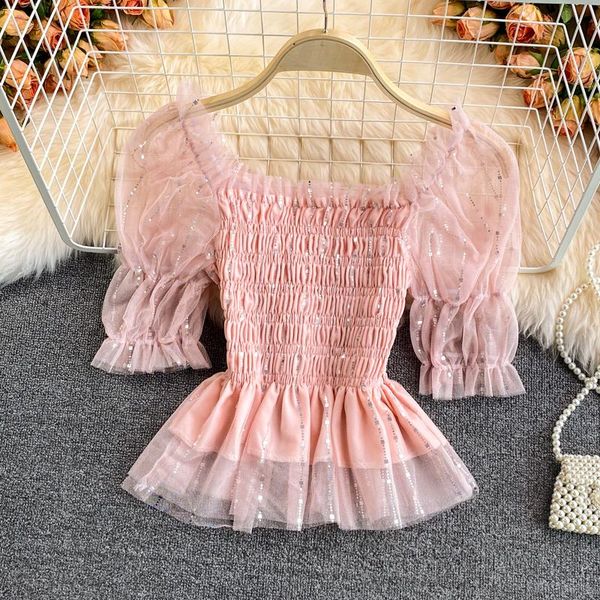 women's blouses & shirts chiffon shirt 2021 summer french temperament super fairy waist square neck puff sleeve short sequined mesh top, White
women's blouses & shirts chiffon shirt 2021 summer french temperament super fairy waist square neck puff sleeve short sequined mesh top, White