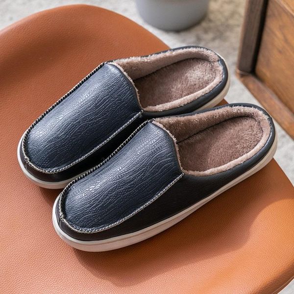 leather casual flats female footwear drop women winter slippers warm plush indoor ladies shoes home couple shoe, Black