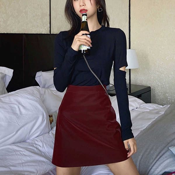 women basic pu leather skirt side zipper wine red mini female chic stylish s 210601, Black
women basic pu leather skirt side zipper wine red mini female chic stylish s 210601, Black