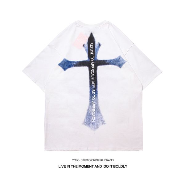 american high street dark gothic t-shirt hip hop fashion brand ins cross print vibe short sleeve, White;black
american high street dark gothic t-shirt hip hop fashion brand ins cross print vibe short sleeve, White;black