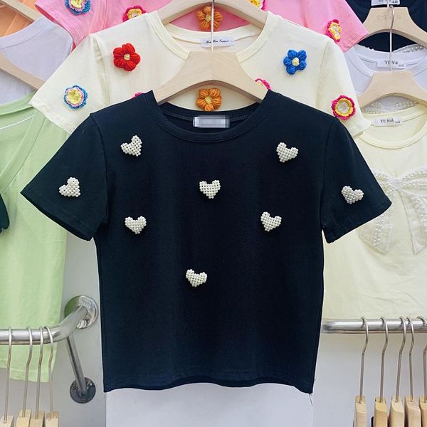 women's t-shirt korean version heavy nail pearl love short sleeve summer slim high waist midriff-baring tees, White
women's t-shirt korean version heavy nail pearl love short sleeve summer slim high waist midriff-baring tees, White