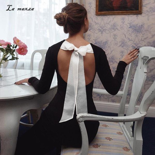 casual dresses backless women bodycon dress 2021 autumn elegant o-neck long sleeves bow midi, Black;gray 
casual dresses backless women bodycon dress 2021 autumn elegant o-neck long sleeves bow midi, Black;gray